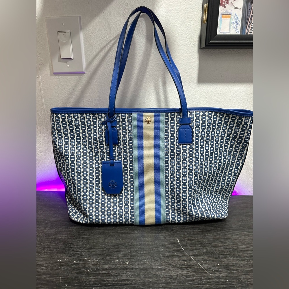 Tory Burch Gemini Link Striped Canvas Crossbody Tote Blue White Satchel